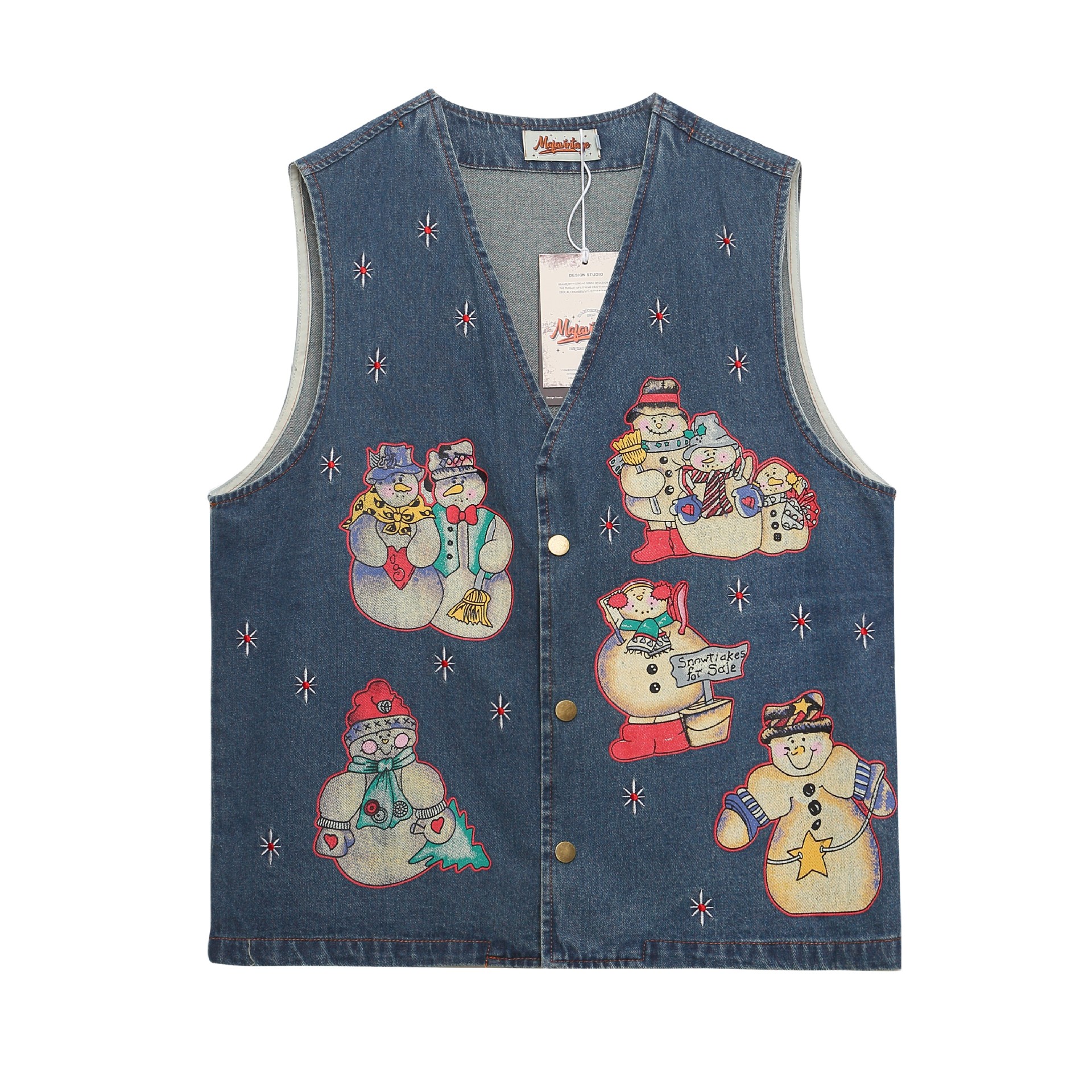 美式复古vintage卡通雪人印花做旧牛仔马甲男女宽松休闲情侣上衣