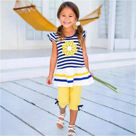 2026年夏季爆款外贸童套装女韩版条纹套装中大童小雏菊T恤+裤子