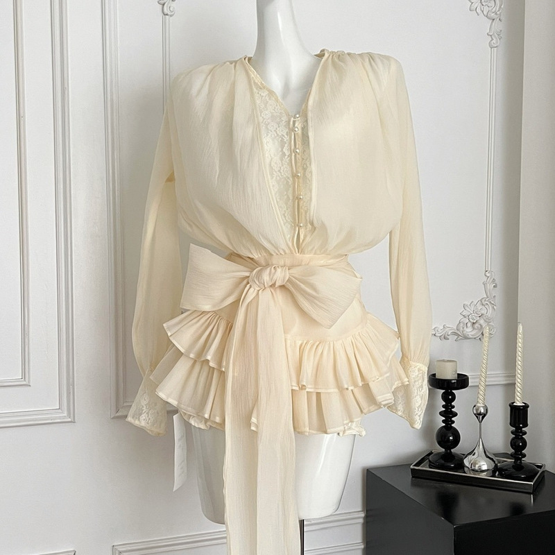 French Gentle Style Lantern Sleeve Lace Gauze Ribbon Bow Dress 2025 Autum Waist Shirt Cake Skirt