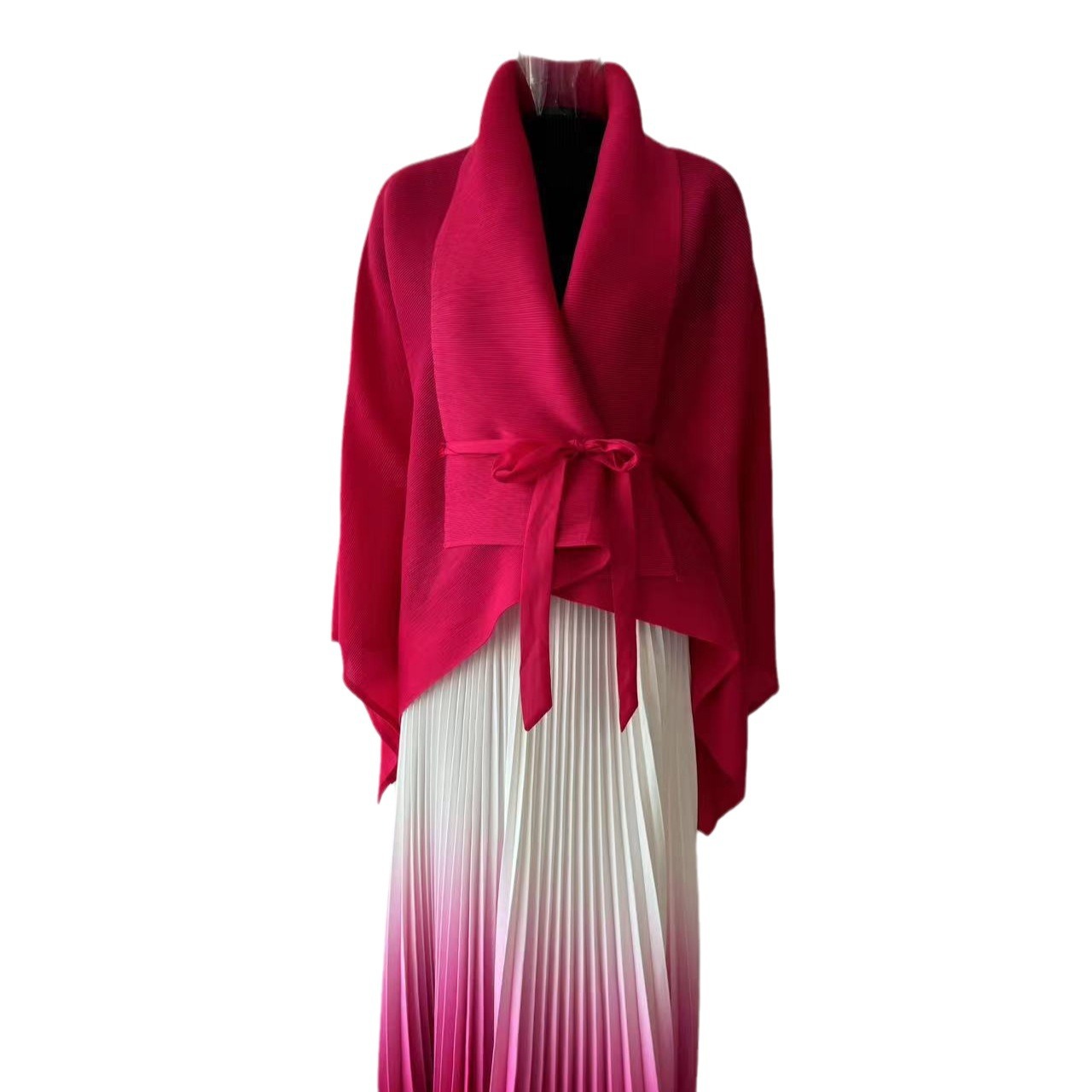 Vêtements pour femmes, haut plissé uni à manches papillon, jupe dégradée, ensemble deux pièces, cardigan tendance, tempérament printemps et automne_voghion.com