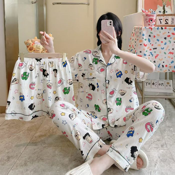 Venta al por mayor transfronteriza 120g pijamas de algodón de nube de verano de manga corta para mujer pantalones cortos de algodón de nube de verano de tres piezas servicio a domicilio de dibujos animados