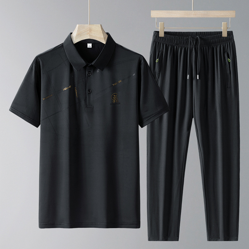 Verano nuevo estilo de mediana edad y ancianos traje deportivo de ocio camisa POLO de seda de hielo para hombres pantalones de dos piezas de papá de manga corta para hombres