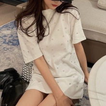 重工钉钻恤短袖女韩版2025春夏圆领设计感洋气百搭中长款上衣潮