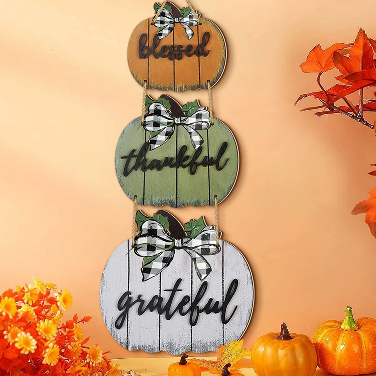 Креативный домашний декор, подвеска-знак для двери в виде тыквы из дерева, трехцветная, с надписью «С Днем Благодарения», для трансграничной торговли Temu.