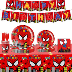 レッドスパイダーマン誕生日パーティーの装飾シティヒーローテーマ紙コップティッシュペーパープレートテーブルクロス旗バルーン