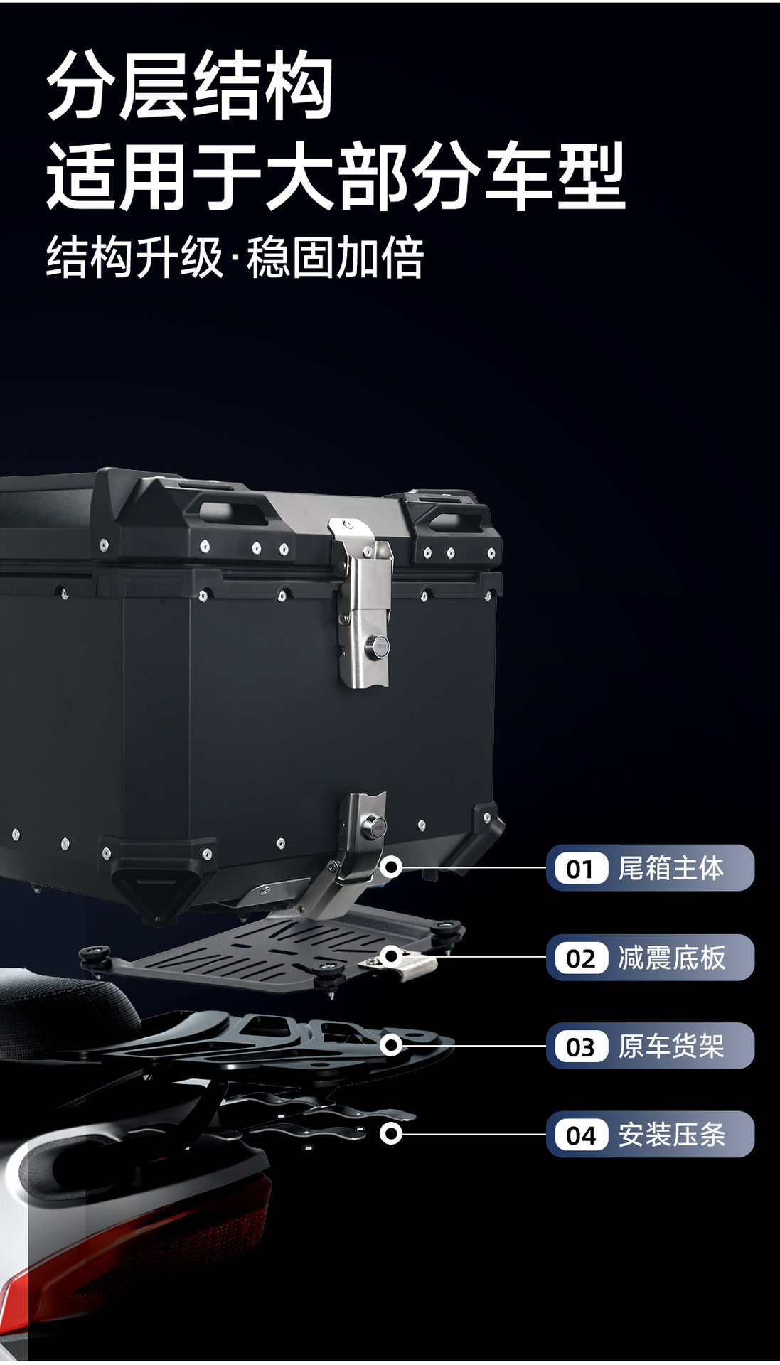 Motorcycle Trunk Storage Box Waterproof Quick-Release Aluminum Alloy Tail Box 45L/55L/65L Electric Vehicle Trunk