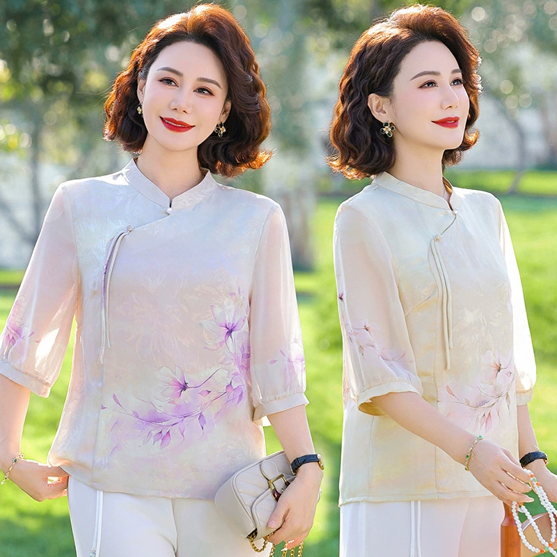 Женская одежда 2025, рубашка весна-осень, новый стиль, свободные топы для женщин среднего и пожилого возраста, модные рубашки с принтом для пожилых