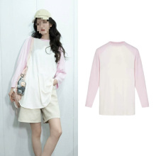 长期现货2025秋杨幂明星同款拼接长袖T恤纯棉宽松粉色抽肩袖上衣
