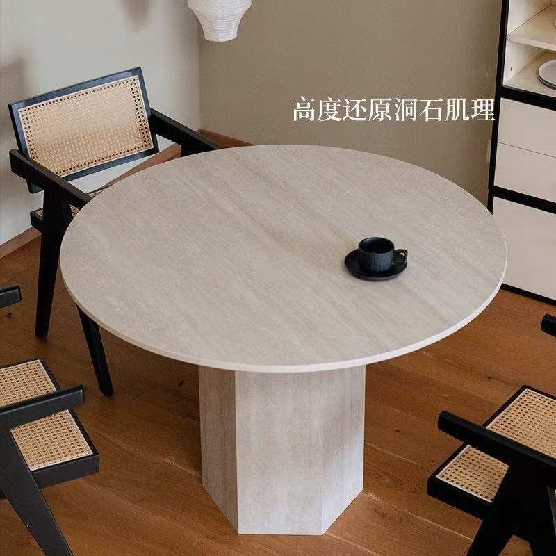 Wabiji, tablero de roca de viento antiguo, mesa redonda de diseño, mesa de modelo de diseño, mesa de comedor de alta gama, apartamento pequeño, mesa de comedor de tablero de roca de travertino redondo