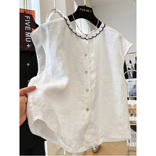 非实拍韩系无袖圆领衬衫女夏季纯棉麻薄款马甲背心外穿上衣小衫