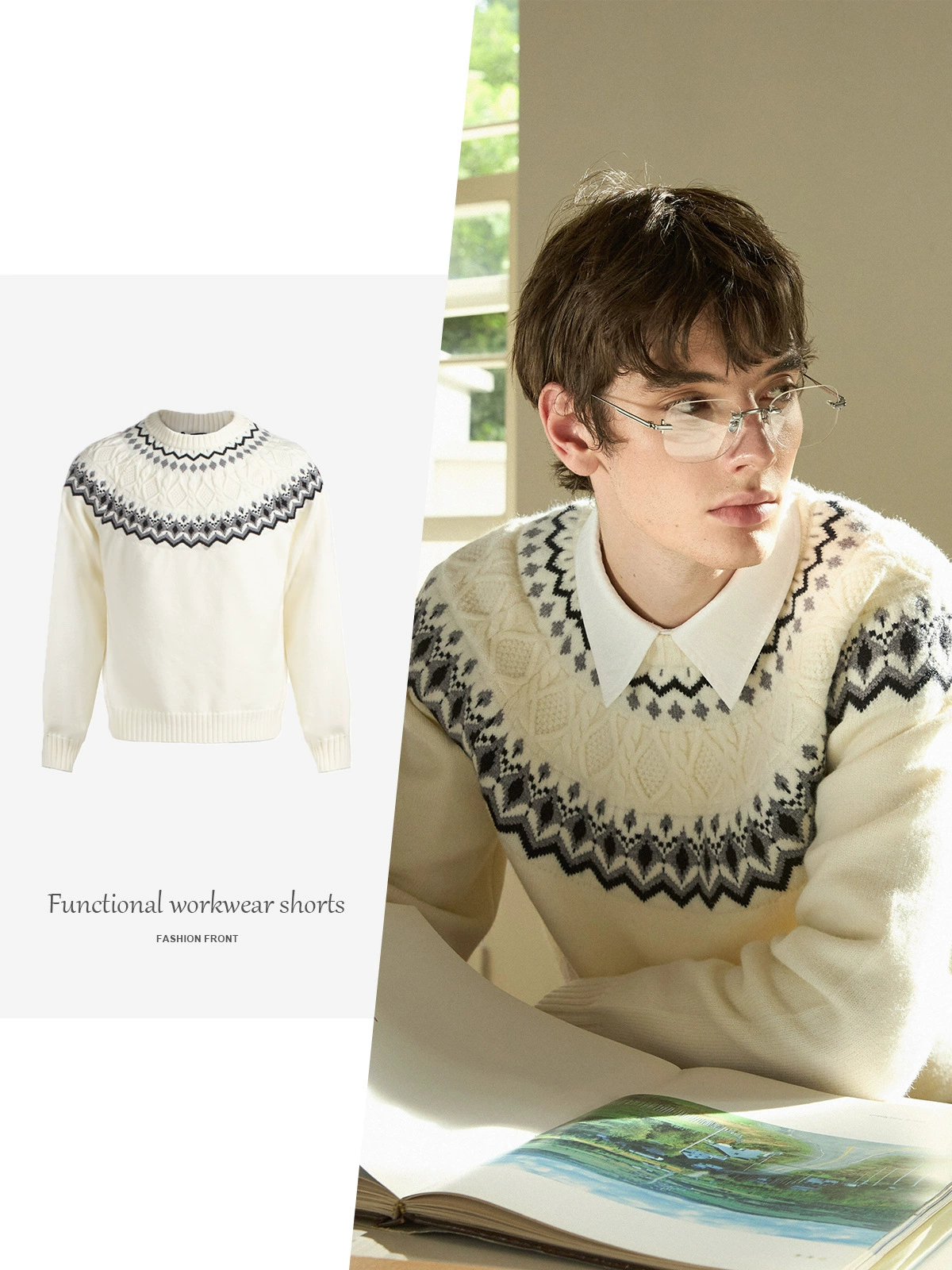 【JMWH】Ночная вечерняя Fair Isle вязка с воротником-стойкой, удобный и дышащий реглан-свитер