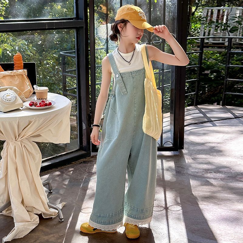 女童牛仔背带裤夏季2025新款儿童洋气宽松阔腿裤女孩大童夏装裤子