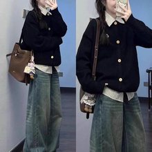 韩系拼接衬衫领假两件毛衣女秋冬polo领设计感慵懒学院风针织开衫