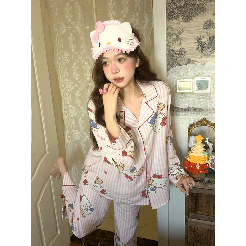 卡通Hellokitty印花长袖睡衣女春秋季甜美可爱长裤家居服休闲套装|undefined