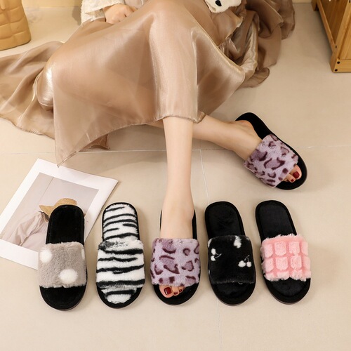 Fairy Wind Leopard Print Plush Slippers for Women, Outdoor Wear,  Autumn New Arrival, Fluffy Slippers for Air-Conditioned Rooms, Lazy One-Sided Cotton Slippers