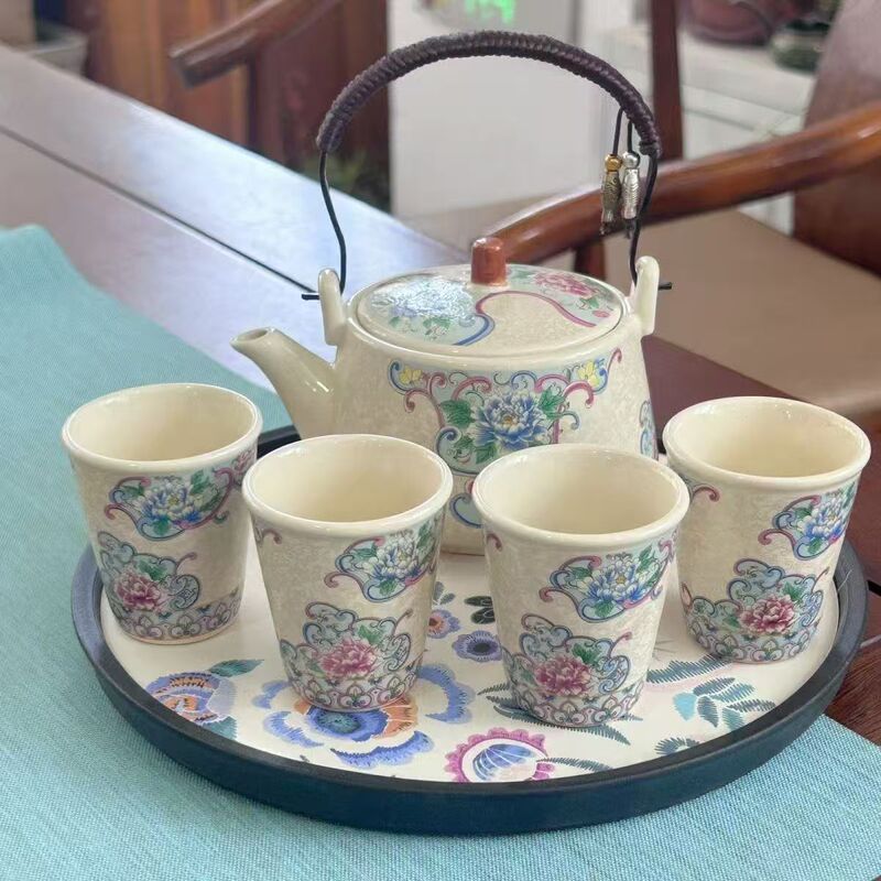 Enamel Peony Teapot Set Chinese Style Ceramic Teapot Teacup Household Kung Fu Tea Set One Pot Four Cups