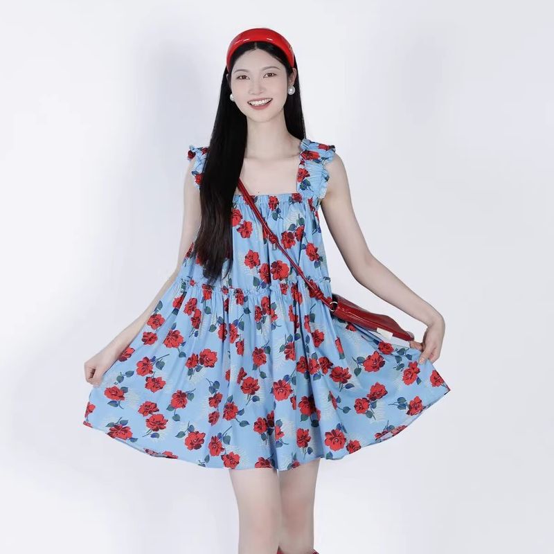 Dress Niche Design Summer Blue Floral Suspender Skirt Short Skirt Holiday Style Tropical Beach Loose Women's Skirt