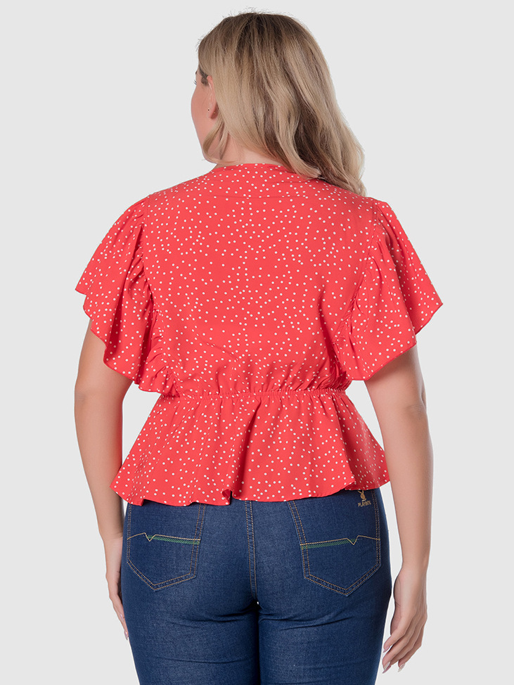 Plus Size V-Neck Polka Dot Ruffled Waist Top NSWCJ92361