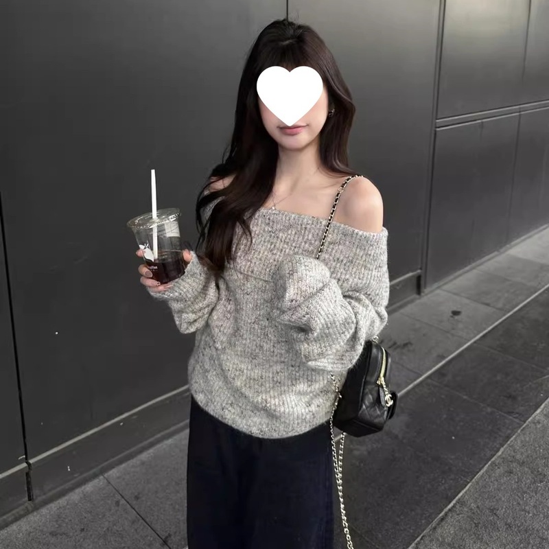灰色露肩韩系套头毛衣女秋冬慵懒风宽松气质小个子长袖一字肩上衣|undefined
