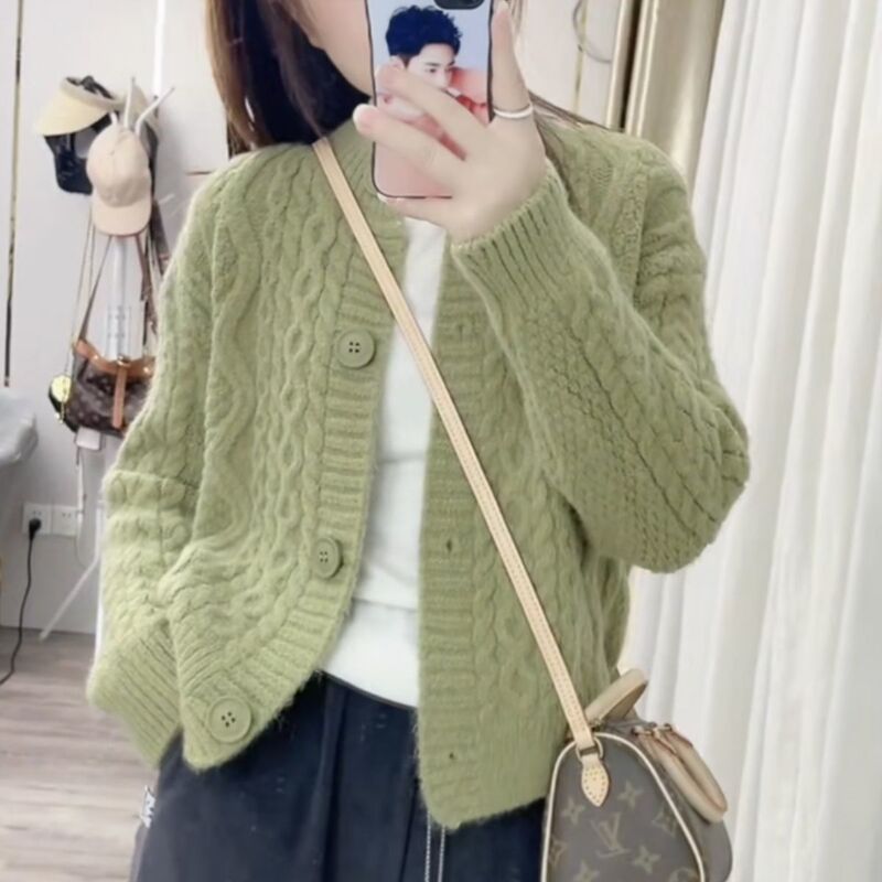 秋装女毛衣新款宽松圆领毛衣针织开衫长袖上衣外套纯色小众设计感|undefined