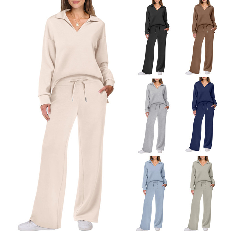 Women's Tracksuit Sports Suit V-neck Long-sleeved Pullover Top And Drawstring Straight-leg Trousers Casual Solid Trousers Set