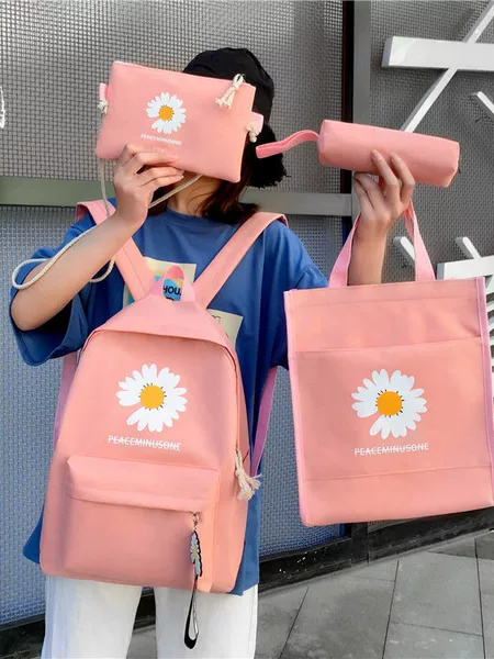 Little Daisy Four-Piece Set Canvas Schoolbag Junior High School Student Backpack Pencil Case Air Cushion Strap Middle and High School