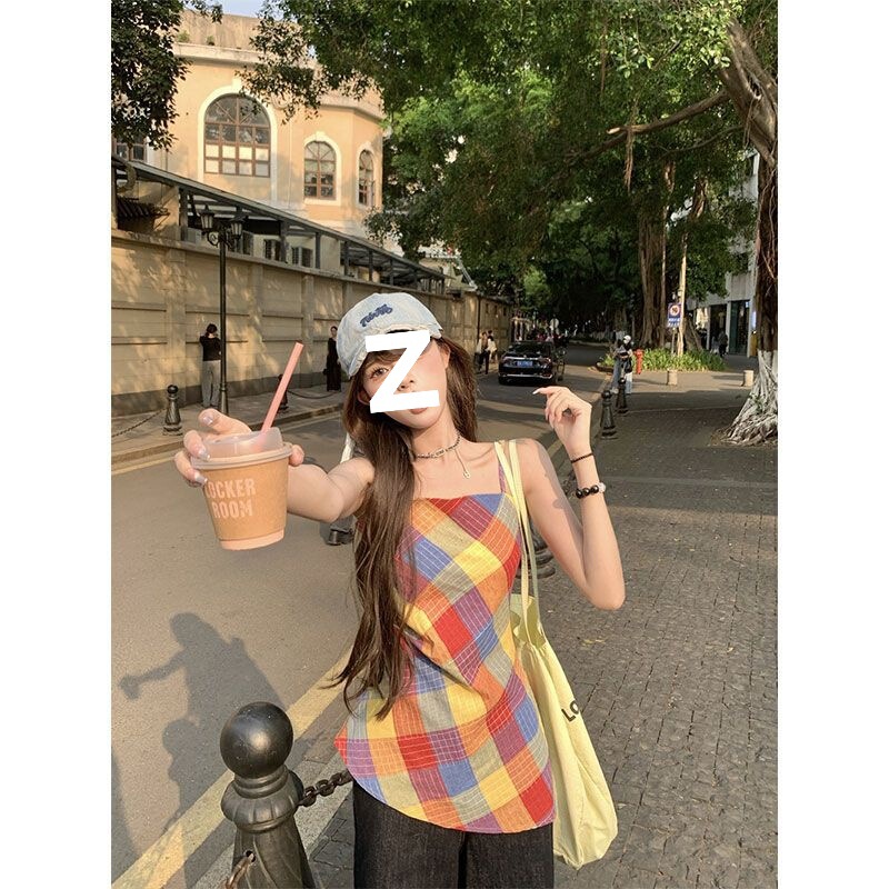 French-Style Colorful Plaid Camisole for Women, Summer Irregular Design with Slits, Sweet Spicy Girl Beach Outerwear Top French-Style Colorful Plaid Camisole for Women, Summer Irregular Design with Slits, Sweet Spicy Girl Beach Outerwear Top