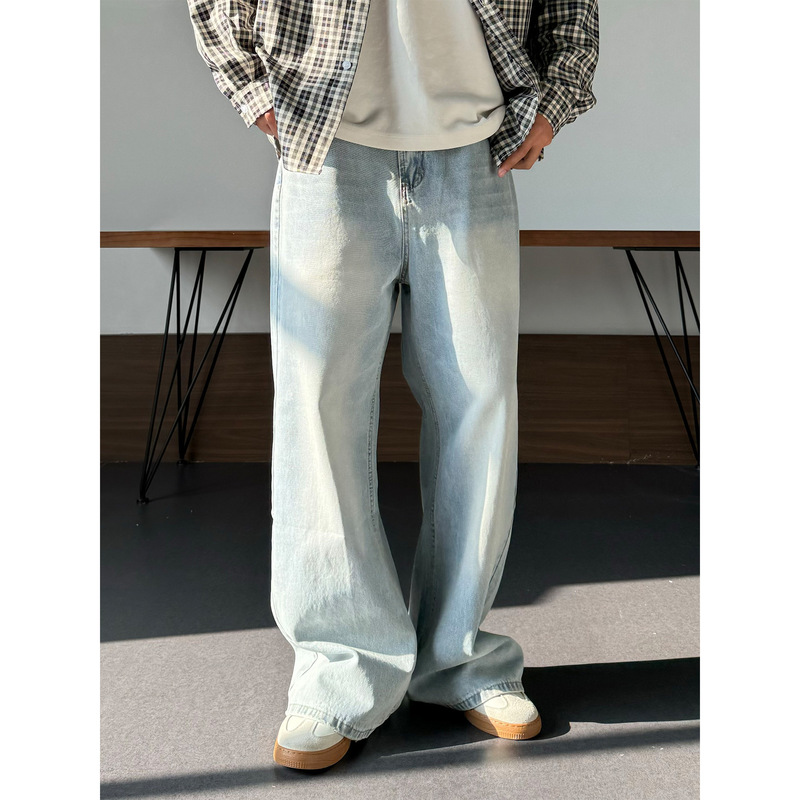 Men's Light Blue Straight Loose Jeans Washed Vintage Wide-Leg Pants Versatile Retro Drape Long Pants