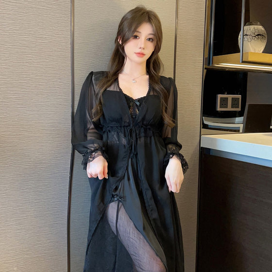 2024 Spring and Summer Nightgown with Chest Pad Women's Long Sleeve Lace V-neck Ice Silk Pajamas Mid-length Two-piece Set
