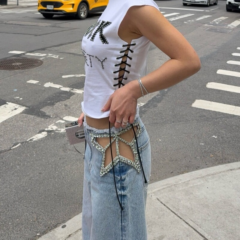 Cross-Border Street Fashion European and American Women's Clothing Tk Star Hollow-Out Rhinestone Sexy Jeans for Women Yk Spicy Girl Washed Straight Jeans
