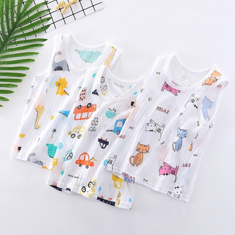 Children's Backless Top for Boys and Girls, Korean Style Cotton Cartoon Print Sleeveless Top for Middle Children and Babies, Soft and Breathable Pajama Set