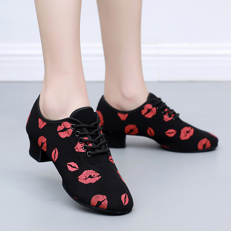 New Teacher Shoes Black Red Lip Indoor 5cm Heel High Outdoor Ladies Square Dance Breathable Latin Sailor Dance