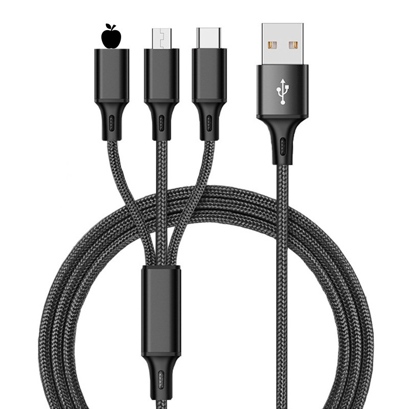 Cable de carga de teléfono móvil tres en uno tejido de nailon de fábrica para el cable de datos uno a tres de Apple tipo Android