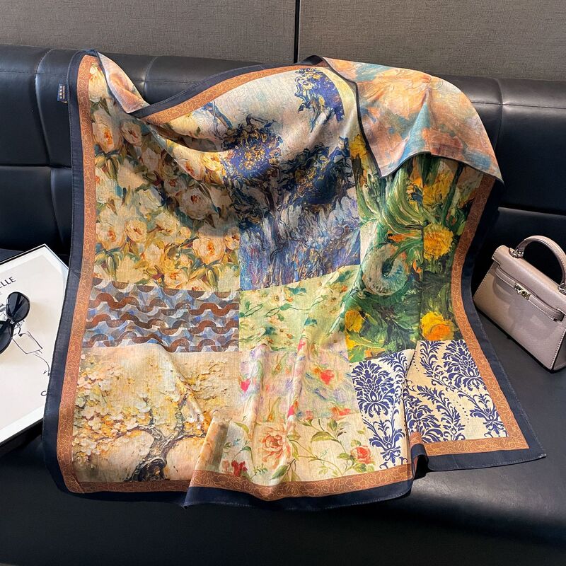 新款双色双面丝毛印花丝巾春秋领巾90方巾缎面百搭围巾女跨境电商|undefined