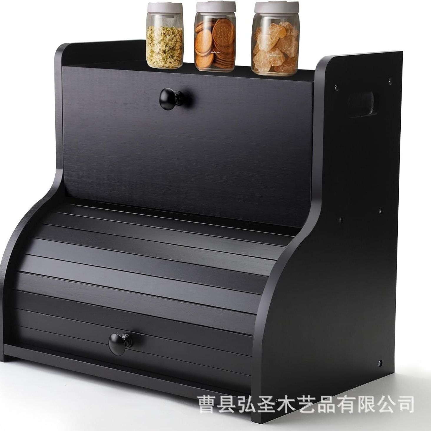 Caja de pan de madera maciza, mesa de cocina, caja de condimento, caja de punto tipo solapa, caja de almacenamiento de madera maciza de doble capa con soporte para vajilla