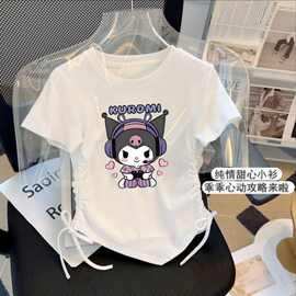 女童冰丝螺纹抽绳短袖女新中式薄款洋气儿童上衣女孩卡通中大童潮