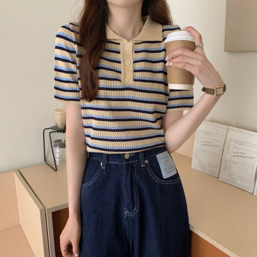 POLO Striped Knit T-Shirt for Women - Stylish Summer, Versatile, Slimming Short-Sleeve Top - High-End