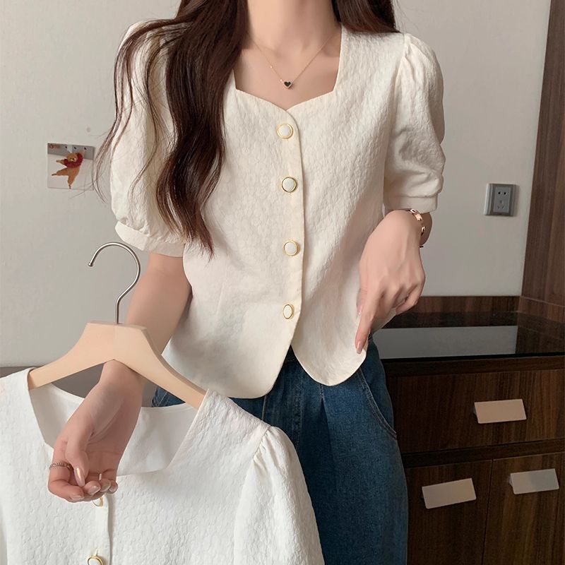 Square Neck Puff Short-Sleeved Small Fragrance Chic 2025 Summer New Loose Versatile Shirt Women's T-Shirt Short Top