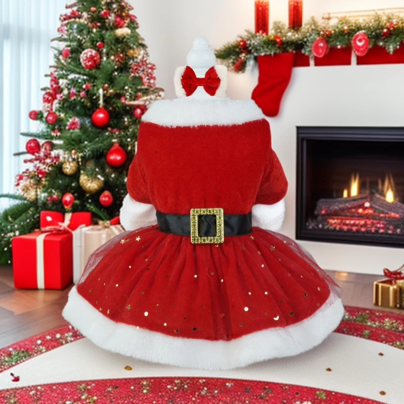 Ropa para mascotas Navidad tela de terciopelo dorado Santa Claus vestido rojo falda malla con anillo pelo