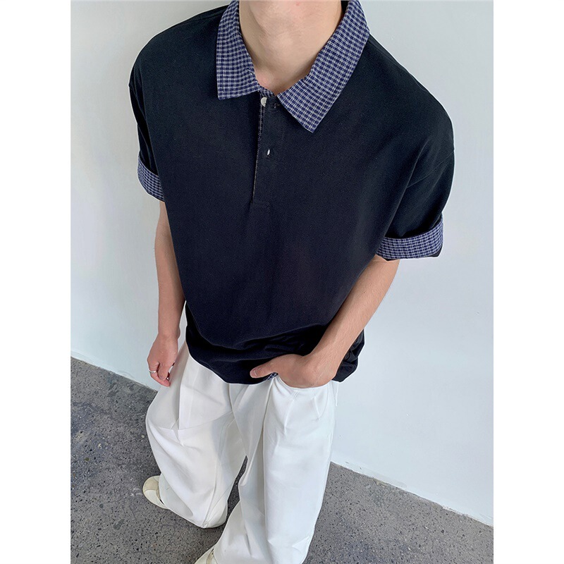 Navy Blue Fake Two-Piece Short-Sleeved Men's Summer Trendy Top Spliced T-Shirt 2025 American Preppy Style Polo Shirt Navy Blue Fake Two-Piece Short-Sleeved Men's Summer Trendy Top Spliced T-Shirt 2025 American Preppy Style Polo Shirt