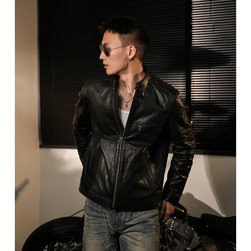 "Super Cool Motorcycle" Natural First-Layer Calfskin Leather Jacket, High-End Men's Leather Clothing, American-Style Motorcycle Stand-Up Collar "Super Cool Motorcycle" Natural First-Layer Calfskin Leather Jacket, High-End Men's Leather Clothing, American-Style Motorcycle Stand-Up Collar