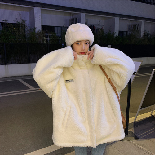 2023 Autumn and Winter New Korean Style Imitation Lamb Plush Jacket Loose Slim Coat Women Thickened Sweatshirt Jacket Women