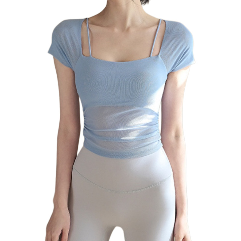 Top de yoga con almohadilla para el pecho, top deportivo de una taza de hilo de malla de aire de hadas femenino, delgado y temperamento, ejercicio de entrenamiento de Pilates