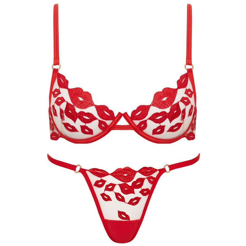 Sexy European and American Underwear Thin Red Lip Embroidered French Underwear Valentine's Day Gift Big Chest Small Bra suit