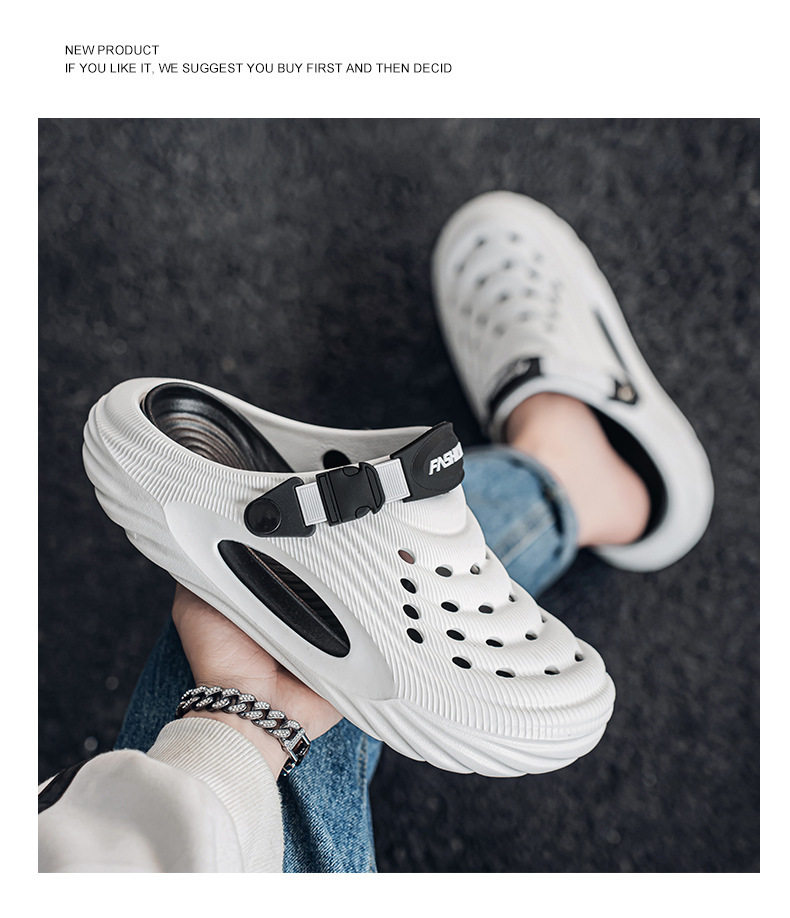 Dép lỗ nam kiểu Crocs mùa hè chống trượt, mũi tròn bảo vệ, đi biển và lái xe — Trắng, màu xanh nhạt, đen chi tiết 12