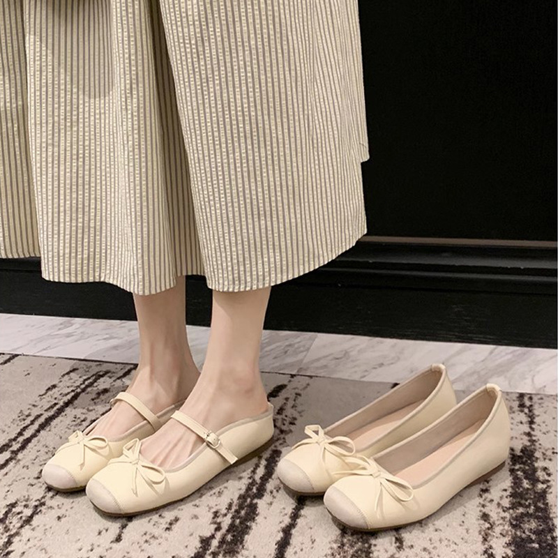 Grape Mom French Inner Aumentar el lazo de una palabra Boca baja Ballet Half-drag Zapatos individuales Mujeres Nuevo