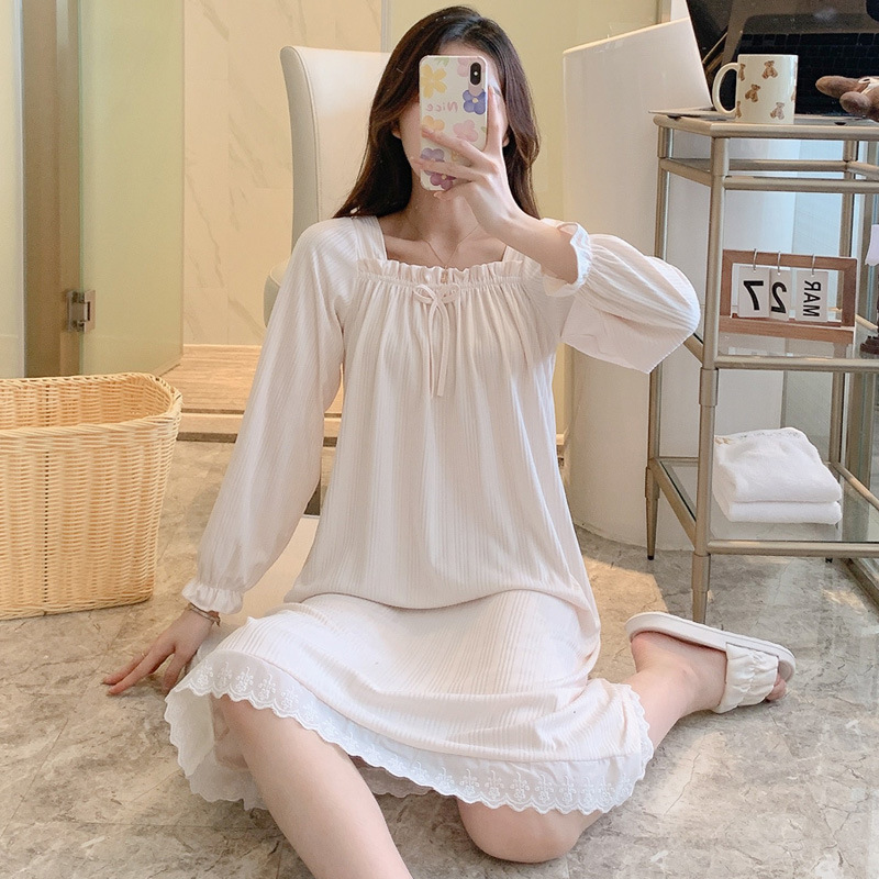 Primavera y otoño nuevo camisón de manga larga al aire libre pit leche seda color sólido cuello cuadrado encaje princesa vestido de una sola pieza vestido largo