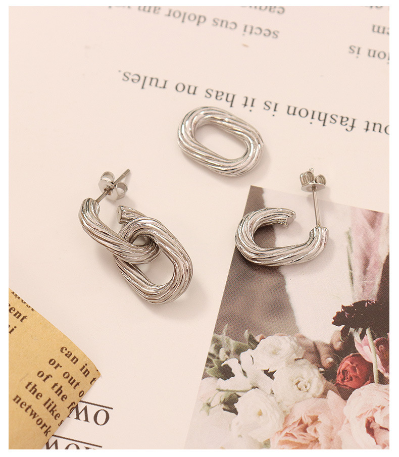 vintage geometric ring buckle oval shaped double layer titanium steel earrings