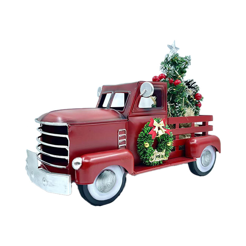 Inventario transfronterizo de Navidad rojo camión retro led con lámparas decoraciones de árbol de Navidad hierro forjado artesanías de metal