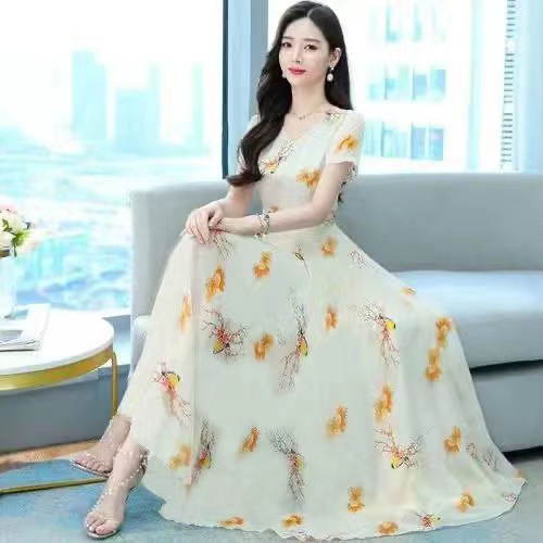 2022 New Summer Style Retro Elegant Fashion Dress Style Slimming Look Elegant Waist Short-Sleeved Printed Dress
